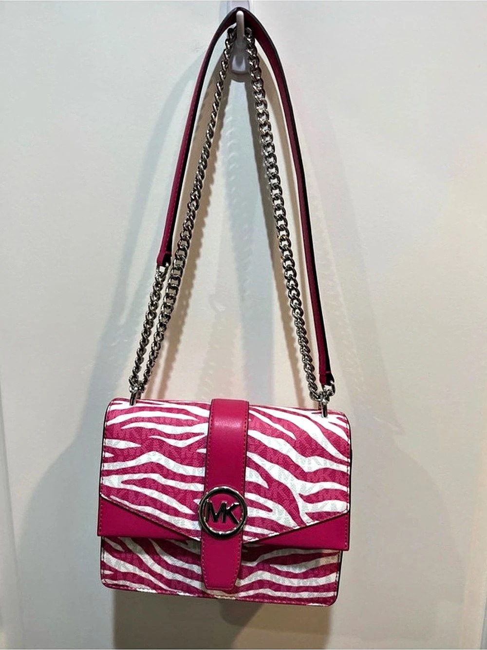 Michael Kors Greenwich Small Zebra Print Flap Crossbody Bag Pink & White